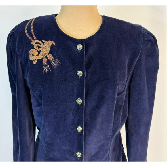 Vintage 80's Plaza South Blue Embroidered Velvet Button-Up Jacket Womens Size 12 - Picture 6 of 11